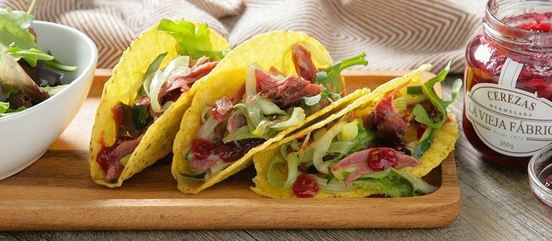 Mexican Tacos with roast duck and Select Cuisine cherry jam