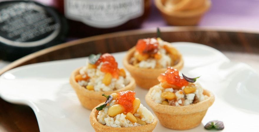 Fresh cheese, Select Cuisine fig jam and pine nuts tartlets